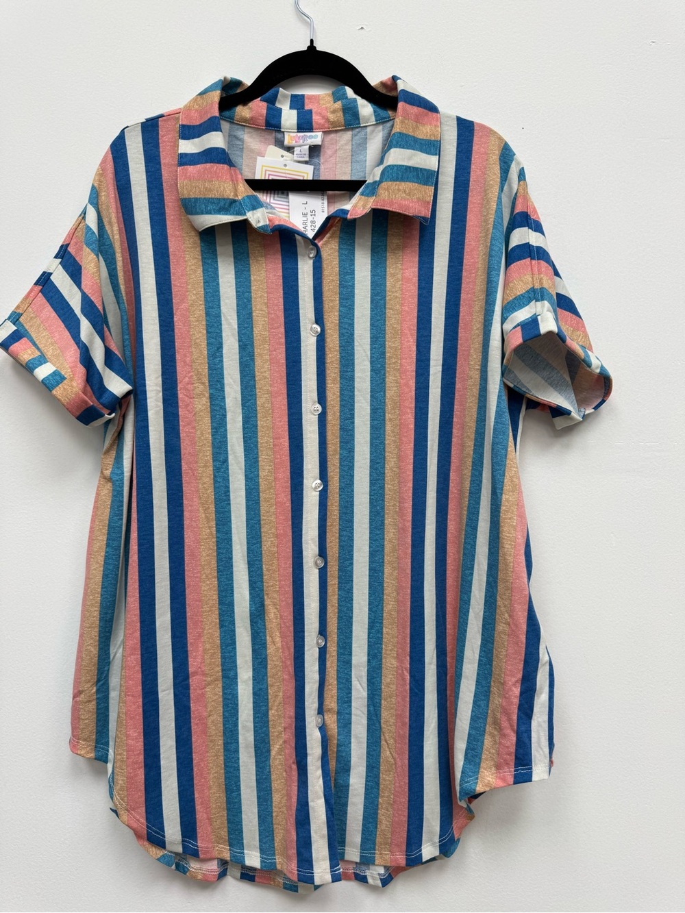 LuLaRoe Multicolor Vertical Stripe Button-Down Top (Blue, Pink, Peach, Cream)